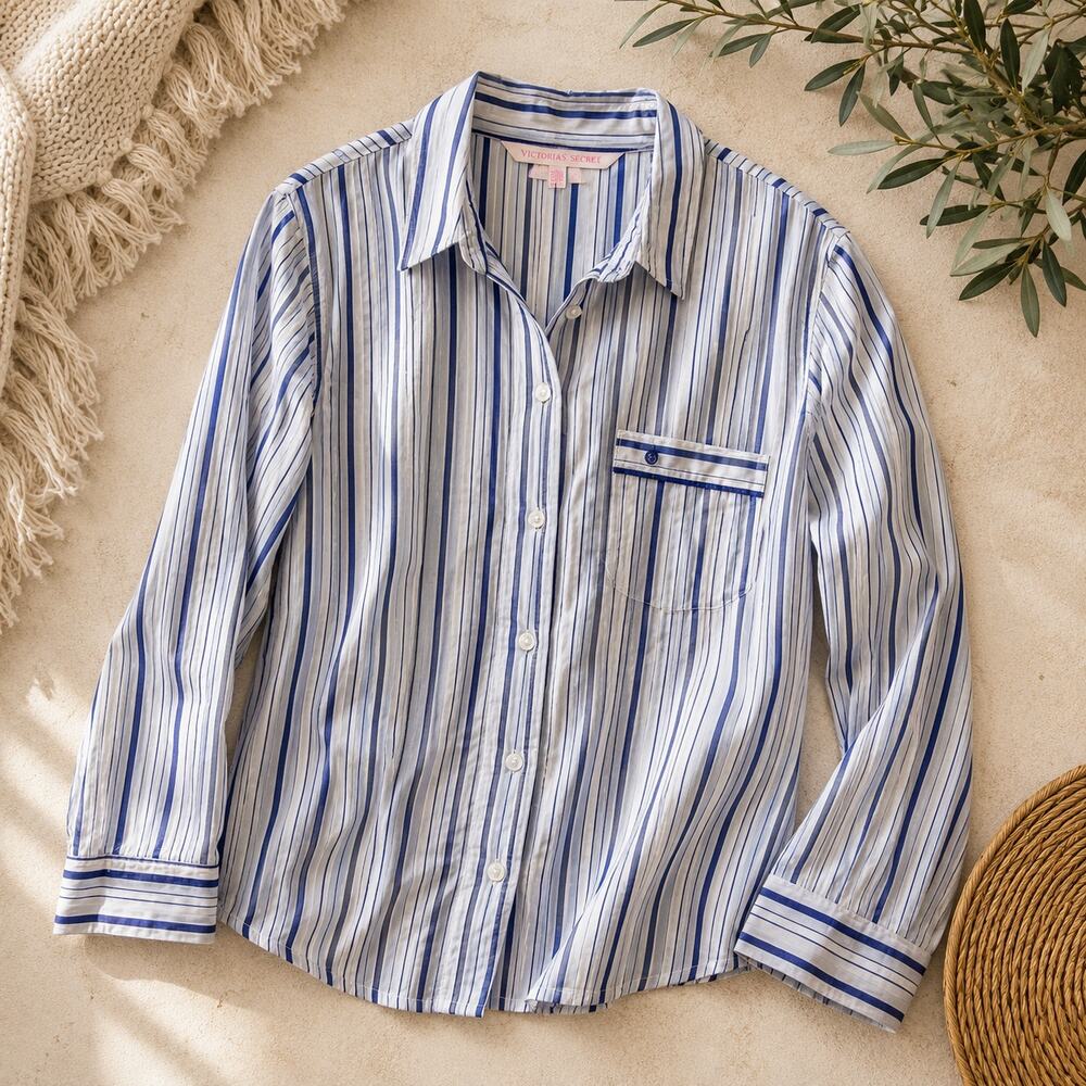 Victoria's Secret Blue White Striped Pajama Top Medium Button Front Long Sleeve